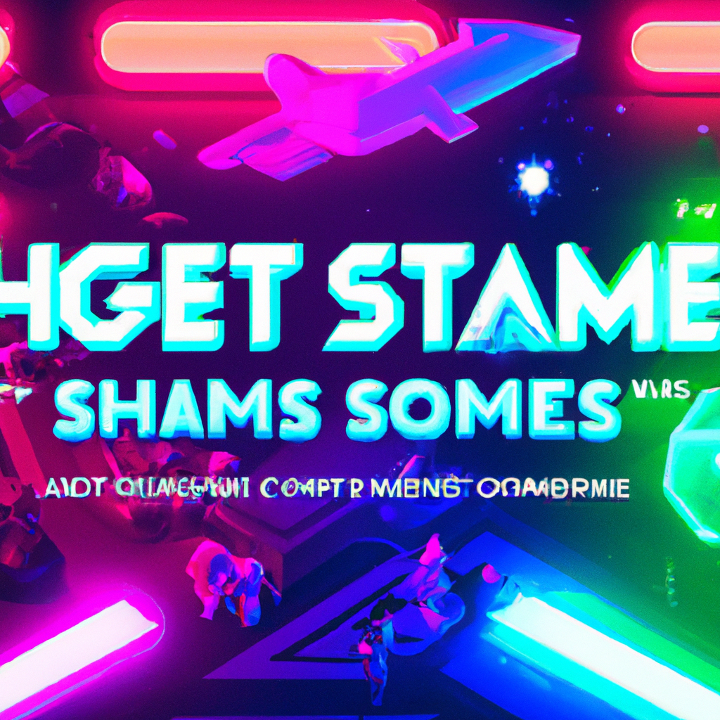 Vibrant arcade lobby with neon UI and players in team squads